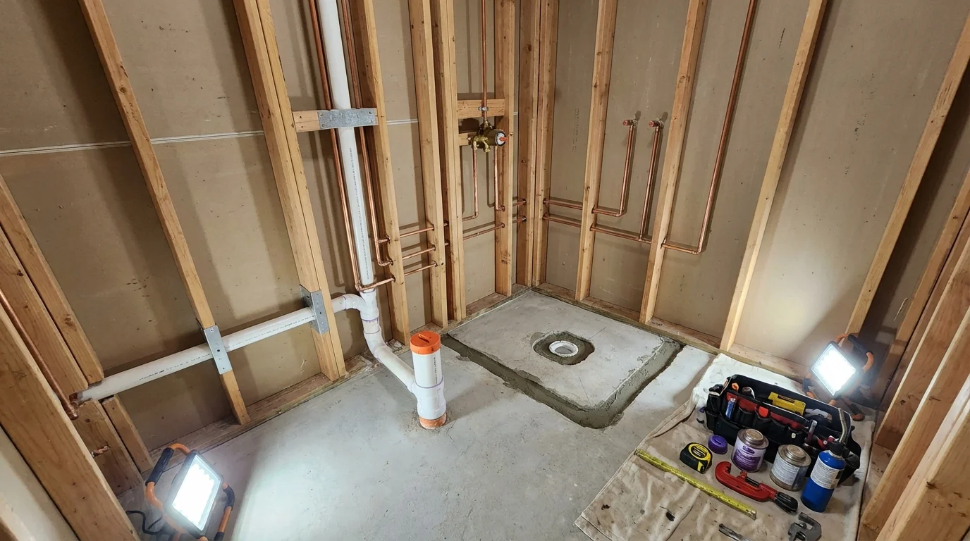 Bathroom rough-in plumbing during remodel by Johns Plumbing LLC in Bullard
