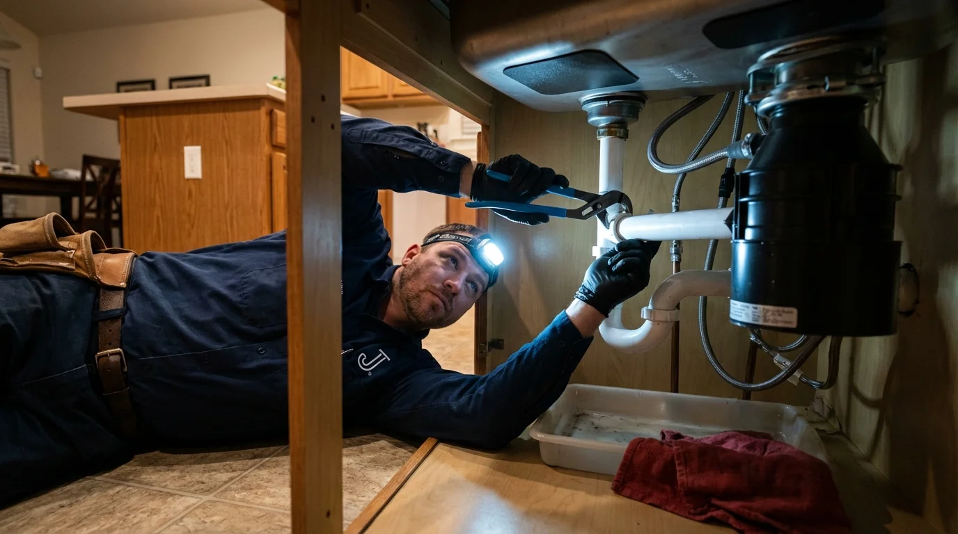 P-trap and supply line connections under a kitchen sink showing a common leak point in Bullard, TX